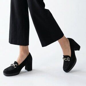 Comfortable Black Stuart Weitzman Suede Pump Block Heel Horsebit Hardware 7.5